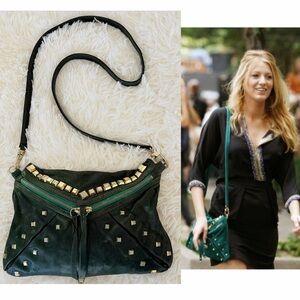 Treesje Jovi VTG Green Leather Gold Distressed Studded Envelope Crossbody Bag